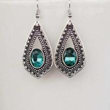 Silver/Sea Green Stoned Textured Drop Earrings For Women