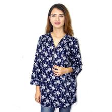 Blue Floral Printed Zippered Top For Women