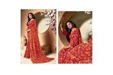 Red Floral Printed Saree With Blouse Piece For Women