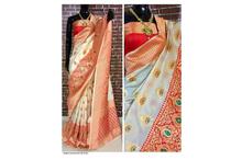 Banarasi Silk Saree with Unstitched Blouse For Women-White/Red