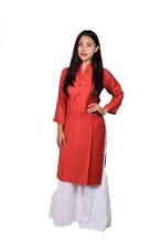 Red Mandarin Collared Rayon Kurthi with White Solid Flared Gharara - (BIS2)