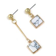 Gold Toned Square Asymmetrical Marble Faux Stone Drop Earrings