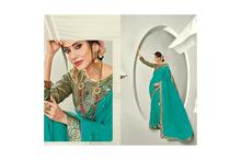 Turquoise Bordered Saree With Unstitched Blouse For Women