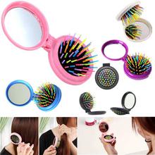 Pink Mini Round Foldable Mirror And Hairbrush