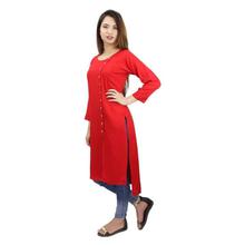 Red Slub Rayon Front Side Buttoned High Low Kurti For Women