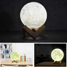 15cm Touch Control 3D Print Moon Lamp, USB Charging White + Yellow Light Color Changing LED Energy-saving Night Light with Wooden Holder Base