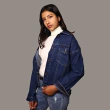 Dark Blue Solid Denim Jacket For Women By Nyptra