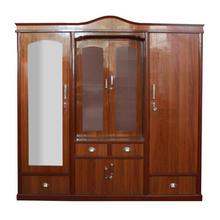 Wooden Living Room Wardrobe With Shelf, Mirror & Drawer - Tawny