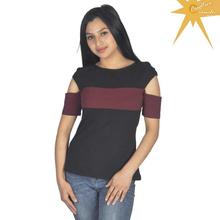 Black Cotton Two Toned T-Shirt For Women-WTP4780