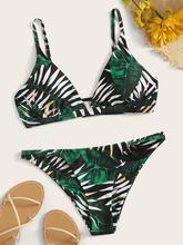 Palm Print Top With Tanga Bikini Set