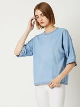 Miss Chase Light blue Cotton Boxy For Women I'm sinking under Denim Top