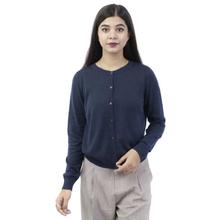 Navy Blue Front Buttoned Stretchable Woolen Sweater For Women