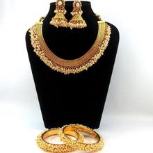 High Gold Faux Pearl Embellished Weave Designed Necklace And Earrings Set- FREE Faux Pearl Bangles