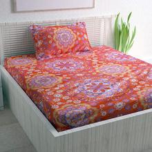 Divine Casa Sense 104 TC Cotton BedSheet with 1 Pillow Cover - Floral, Red and Yellow