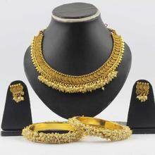 High Gold Faux Pearls and Stones Embellished Necklace set(Bangle, Earring )