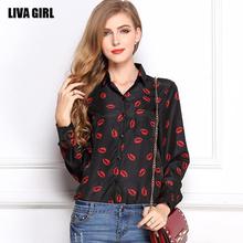 2019 Autumn Lips Printing Turndown Collar Ladies Office