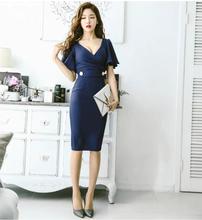 Women V-Neck Ruffle Sleeve Knee Length Casual Bodycon Dress