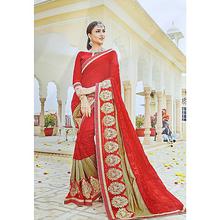 Red/ Cream Floral Embroidered Saree With Blouse For Women - 11007