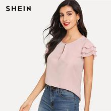 SHEIN Pink Pearls Beaded Layered Sleeve Summer Casual Tops