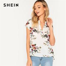 SHEIN Bohemian White V-cut Neck Dip Hem Floral Top Batwing