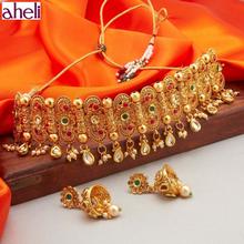 Aheli Gold Plated Kundan Pearl Choker Necklace with Jhumki Earrings Indian Temple Traditional Ethnic Jewellery Set for Women