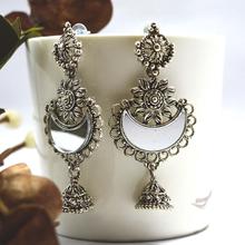 Moon Shaped Mirror Adorned Silver Toned Pinjada Drop Dangle Earrings For Women