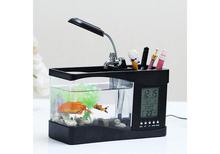 USB Mini Fish Tank Desktop Electronic Aquarium Fish Tank With Running Water, LED  Light ,Clock  & Pen Holder