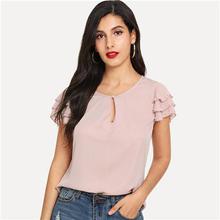 Sheinside Elegant Pink Summer Blouse Women Pearls Beaded