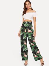 Flamingo And Plants Print Belted Pants