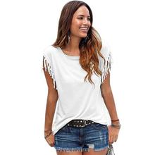 Women Cotton Tassel Casual T-shirt Sleeveless Solid Color