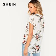 SHEIN Bohemian White V-cut Neck Dip Hem Floral Top Batwing