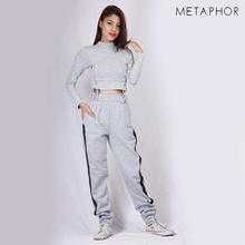 METAPHOR Grey Front Eyelet Lace-Up Crop Top For Women - MT98C