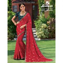 Laxmipati  embroidered Red Silk Designer Saree with attached Green Blouse piece for Casual, Party, Festival and Wedding