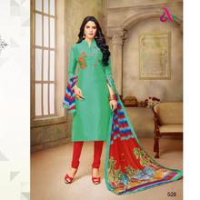 Chanderi Cotton With Work Green Color Kurta salwar Set For Women