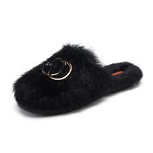 Metal Letter Decor Fluffy Slippers Winter Warm Fluffy Indoor Shoes Women