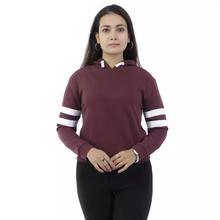 Cotton Striped Sleeves Hoodie For Women Maroon