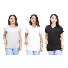 Pack of 3 Cotton V Neck T-shirt For Women - Grey/White/Black