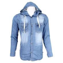 Blue Washed Denim Hooded Shirt For Men