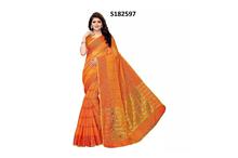 Saree With Unstitched Blouse For Women-Orange/Golden