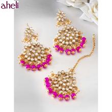 Aheli Traditional Gold Plated Kundan Rani Pink Faux Pearl Wedding Chandbali Earrings With Maang Tikka Jewellery Set For Women