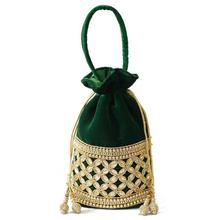 Green/Golden Floral Stones Embellished Pouch Bag For Women