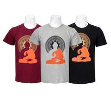 Pack Of 3 Buddha Printed 100% Cotton T-Shirt For Men-Blue/Grey/Maroon