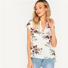 SHEIN Bohemian White V-cut Neck Dip Hem Floral Top Batwing