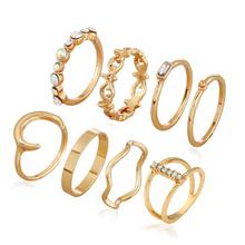 8Pcs Set Gold Color Finger Rings Crystal Stone Round Ring Set