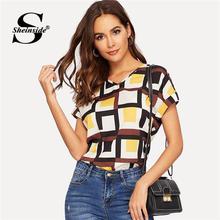 Sheinside Geo Print Curved Hem Blouse V Neck Summer Tops for