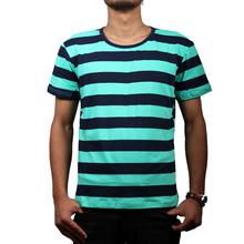 Blue-Green Striped Round Neck T-Shirt For Men