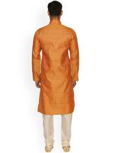 Manyavar Men Orange & Cream-Coloured Self Design Kurta with Pyjamas