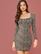 SHEIN Tie Neck Leopard Print Bodycon Dress