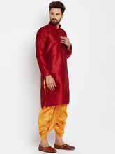 SOJANYA Men Red & Mustard Yellow Solid Kurta with Dhoti Pants