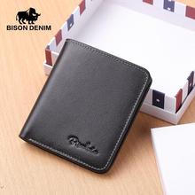 BISON DENIM Men Wallets Black Genuine Leather Purse For